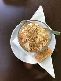 High angle view of breakfast in plate on table