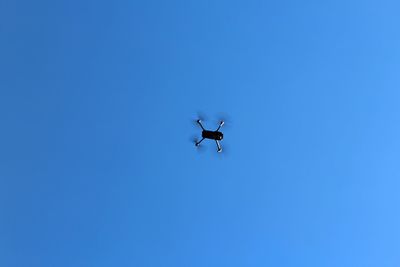 Low angle view of bird flying against clear blue sky