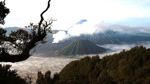 Panoramic view of volcanic landscape against sky