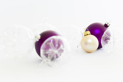 High angle view of christmas decorations on white background