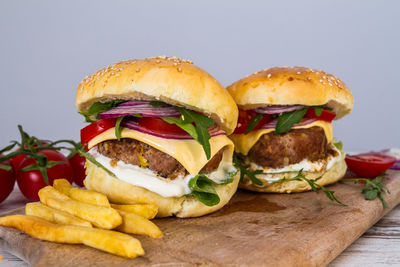 Close-up of burger against white background
