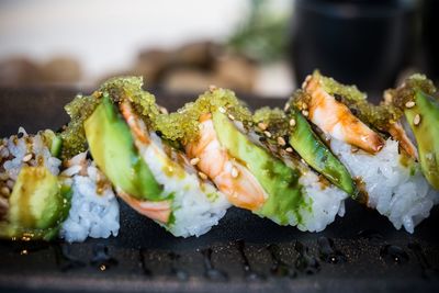 Close-up of sushi served in plate