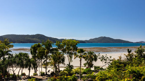 Scenic view of sea against clear blue sky