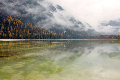 Scenic view of lake against cloudy sky