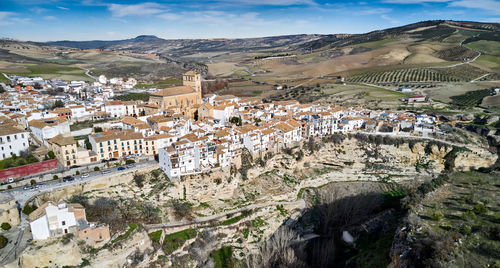 High angle shot of townscape against sky