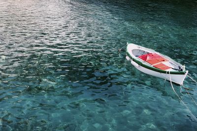 High angle view of boat moored on sea