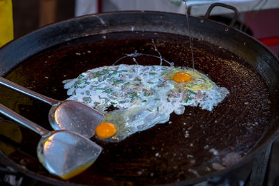 Close-up of egg in frying pan