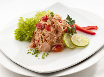 Close-up of salad served in plate on table