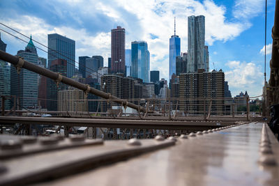 Modern buildings against sky on bridge