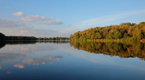 Reflection of trees in lake against sky