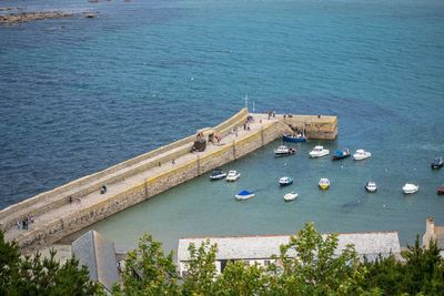 High angle view of boats in sea