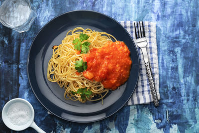 Directly above shot of food in plate on table