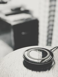 Close-up of camera on table