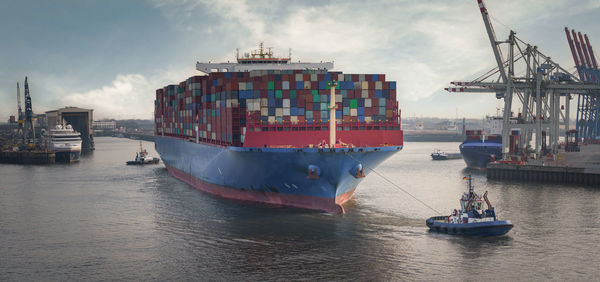 Very large container ship in the port of hamburg