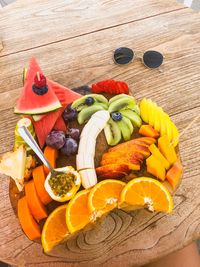 High angle view of various fruits on table