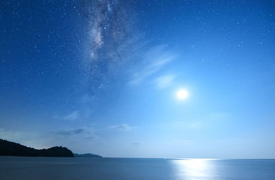 Scenic view of sea against blue sky at night