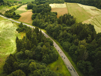 Huge group of bikers riding in the countryside