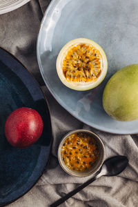 High angle view of fruits in bowl on table