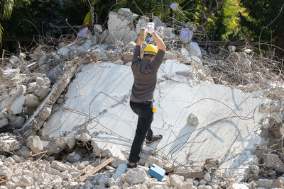 High angle view of man working at construction site