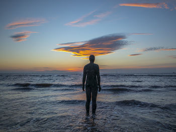 Rear view of man standing on beach during sunset