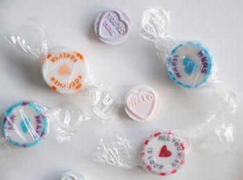 High angle view of candies on table