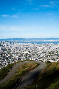 Aerial view of city by buildings against sky