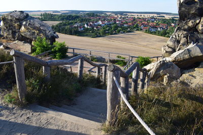 High angle view of bridge in city against sky