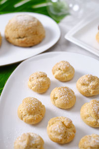 High angle view of cookies in plate on table