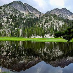 Scenic view of lake with mountains in background