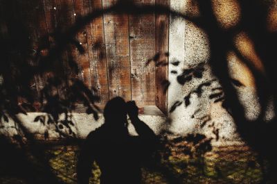 Silhouette woman standing by window