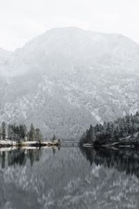 Scenic view of lake by snowcapped mountains against sky