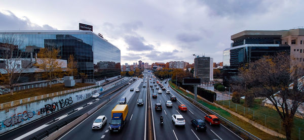 High angle view of traffic on road in city