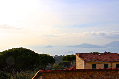 Houses and trees by mountain against sky