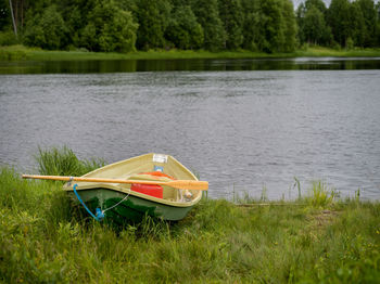 Boat moored at lakeshore