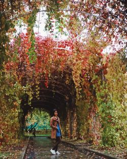 Full length of woman standing by trees during autumn