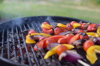 Close-up of vegetables on barbecue grill