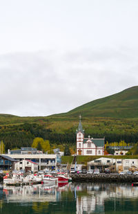 View on the church in husavik with a mountain on the background