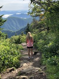 Rear view of woman on mountain against trees