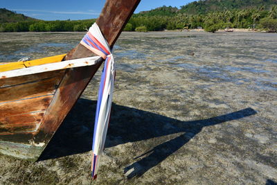 Close-up of boat in water against sky