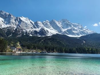 Scenic view of lake by mountains against sky