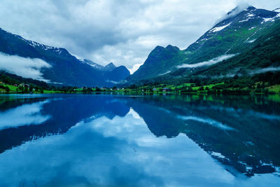 Scenic view of lake and mountains against sky