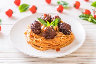 Close-up of pasta in plate on table