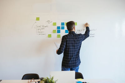 Businessman in office writing on whiteboard