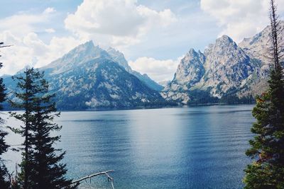 Scenic view of lake against cloudy sky