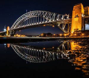 Illuminated bridge over river at night