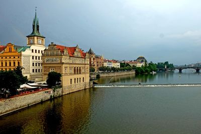 View of buildings by river against sky in city