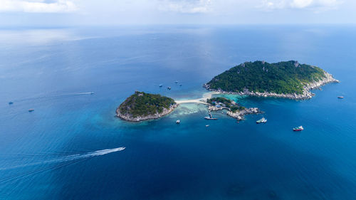 High angle view of boats on sea shore