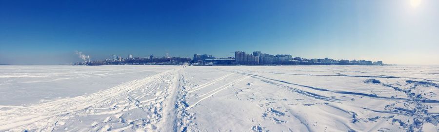 View of snow covered city in winter