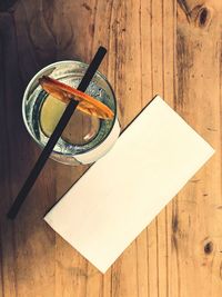 High angle view of drink on wooden table