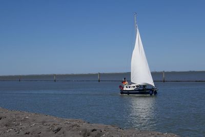 Sailboat sailing on sea against clear sky
